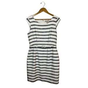 Banana Republic Women's Size 10 Black Striped Tweed Sheath Midi Dress